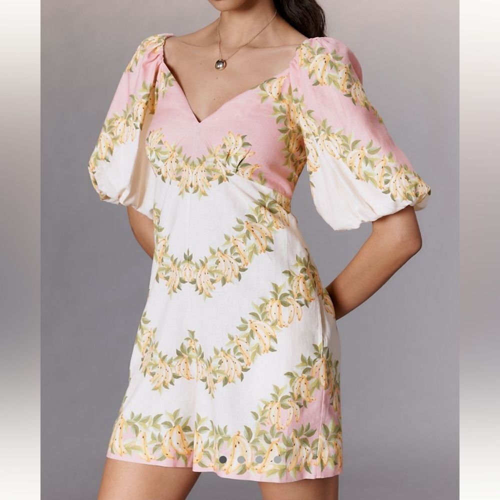 FARM Rio X Anthropologie V-Neck Puff Sleeve Linen Blend Romper